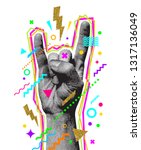 Rock'n'roll or Heavy Metal hand sign. Two fingers up. Engraved style hand and multicolored abstract elements. Vector illustration.