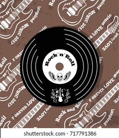 Rock'n'roll, images of vinyl plate with lines and small icon of guitar, skull and wings, vector illustration isolated on brown pattern background