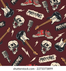 Rocknroll music colorful seamless pattern with guitar for playing heavy music and skulls with microphone vector illustration