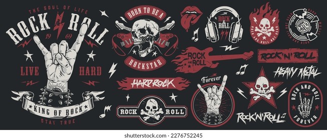 Rocknroll music colorful set emblems with rocker hand or skulls and headphones for fans rock and roll culture vector illustration