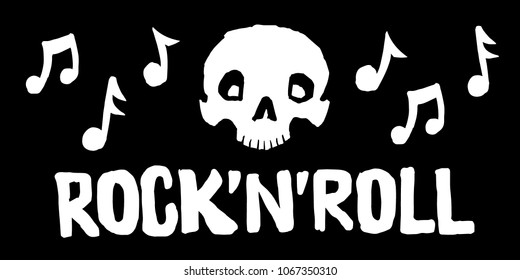 Rock'n'Roll Music Lettering with Cartoon Skull Shape and Notes. Vector Illustration Isolated on Black Background.