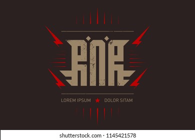 Rock'n'roll - music poster with stylized inscription, red lightnings and star. Rock and roll - t-shirt design. T-shirt apparels cool print with inscription RNR.