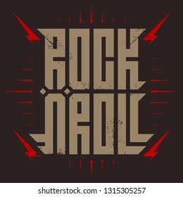 Rock'n'roll - music poster with stylized inscription, red lightnings and star. Rock and roll - t-shirt design. T-shirt apparels cool print with inscription.