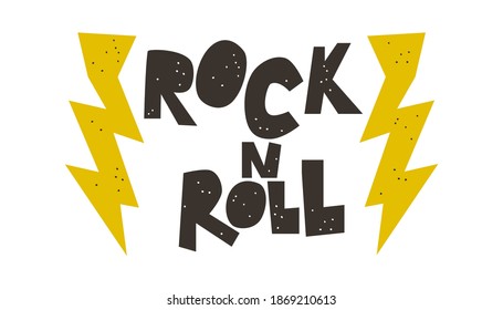 Rock'n'roll music print, cutout style label, graphic design with grunge effect, print stamp, t-shirt  artwork. Flat vector illustration, cartoon style isolated.