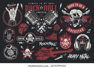 La música Rocknroll puso etiquetas coloridas con micrófonos o guitarra y calaveras para decorar la ropa rock and roll community vector ilustración