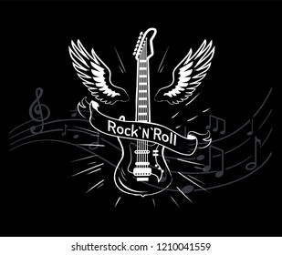 Rock'n'roll music style, guitar with wings monochrome sketch outline vector. Winged musical instrument, jazz  rock sounds. Notes on sheet, tablature