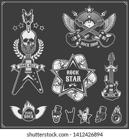 Rock'n'Roll music symbols, labels, logos and design elements. Print design for t-shirts.