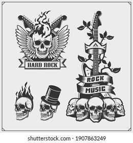 Rock'n'Roll music symbols, labels, logos and design elements. Print design for t-shirt.