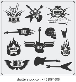 Rock'n'Roll music symbols, labels, logos and design elements.