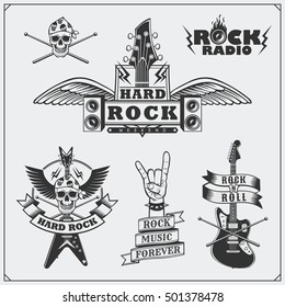 Rock'n'Roll music symbols, labels, logos and design elements.