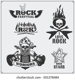 Símbolos musicales Rock'n'Roll, etiquetas, logos y elementos de diseño.