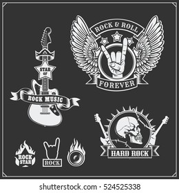 Rock'n'Roll music symbols, labels, logos and design elements.