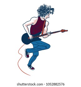 Rock'n'roll musician is playing music on an electric guitar. Vector illustration isolated on white background.