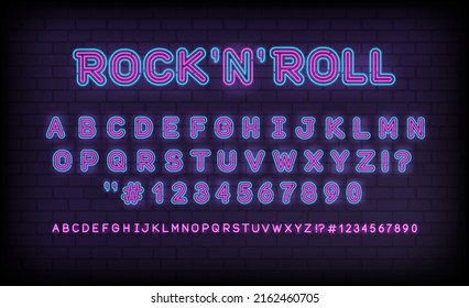 Rock'n'Roll Neon light sign with Alphabet Vector Type Font. Rock style font. Enter letters, numbers, and punctuation marks. Retro Neon style letters and numbers  