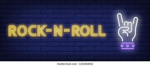 Rock-n-roll neon sign. Hand with two fingers in devil horns gesture on brick wall background. Vector illustration in neon style for banners, signboards, club posters