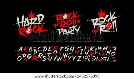 Rock'n'roll Party grunge font type alphabet with signs and symbols. Street Art graffiti style font type letterning. Hard Rock style elements collection for tee print and textile pattern design