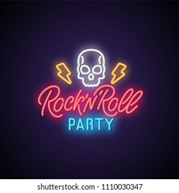 Rock'n'roll party neon signboard. Vector illustration.