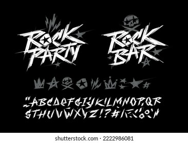 Rock'n'roll Party and Rock Bar vintage style grunge signs collection with type font alphabet vector template. Punk Rock style elements for tee print and textile design
