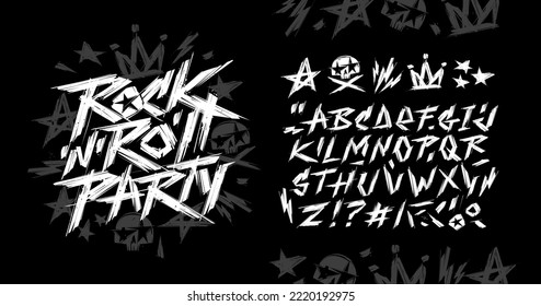 Rock'n'roll Party vintage style grunge sign and type font alphabet vector template