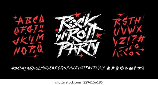 Rock'n'roll Party vintage style grunge type font alphabet and signs   symbols vector template  Street Art grunge type font  Punk Rock style elements collection for tee print   textile design
