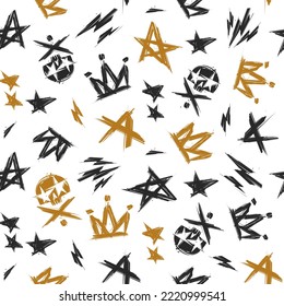 Rock'n'Roll and Punk Seamless pattern with Grunge style elements. Punk doodle style icon, star, skull and etc Rock culture elements. Printable vector template for print fabric and textile