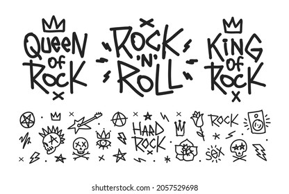 Rock'n'roll quotes set and doodle style prints   crown symbols collection  Punk tattoo elements set  Rock music signs for print stump tee   poster design