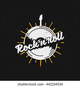 Rock'n'roll retro badge with vinyl record. Rock themed label, vector. Typography design.