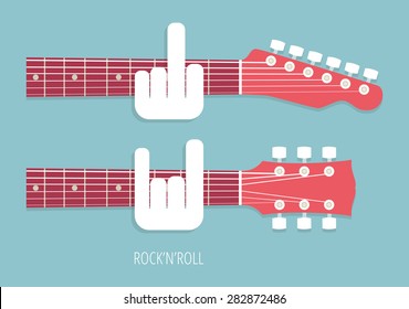 Rocknroll, rock guitar necks, obscene gestures guitarists, vector illustration, flat style