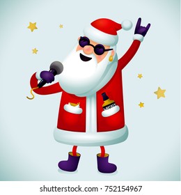 Rocknroll Santa character. Singing Santa Claus rock star with microphone on light background. Christmas hipster poster for party with or Xmas greeting card or web banner. Vector illustration