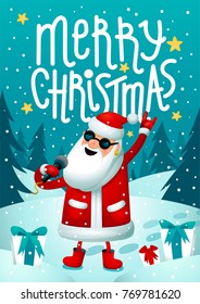 Rock-n-roll Santa. Singing Santa Claus - rock star with microphone on blue christmas background. Christmas hipster poster for party with Merry Christmass inscription. Xmas greeting card. Vector