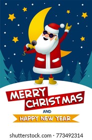 Rock-n-roll Santa. Singing Santa Claus - rock star with merry Christmas and Happy New Year inscription on dark blue background. Christmas r poster for party. Xmas greeting card. Vector illustration