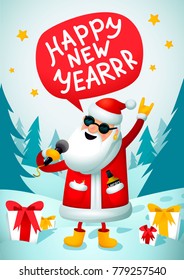 Rock-n-roll Santa. Singing Santa Claus - rock star with microphone on blue Christmas background. Christmas hipster poster for party with Happy new year inscription. New year greeting card. Vector