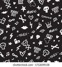 Rock'n'Roll seamless pattern. 
Black-white print for textiles, backgrounds, printing. Grunge style, hand lettered, vector illustration.