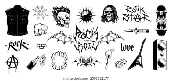 Rock'n'roll set in monochrome tattoo style, hardcore metal, and hard rock. Aggressive elements: anarchy sign, lettering, rocker vest, punk skull, guitar, speaker. Punk, metal, biker aesthetics. Vector