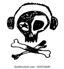 Rock-n-roll skull with earphones and bones