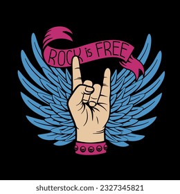 Rock'n'roll vector illustration. Design for t shirt, poster, sticker, print. Hand drawn style wings, hand, ribbon, phrase.
