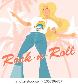 Rock'n'Roll vector poster with hippie girl in t-shirt with skull enjoying music. Vector flat cartoon illustration