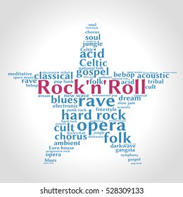 Rock'n'Roll. Word cloud, five-pointed star, gradient grey background. Music concept.	