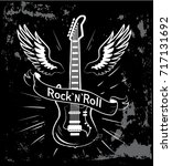 Rock'n'roll written in ribbon, image of electric guitar with wings behind it, decorated picture with lines vector illustration isolated on black
