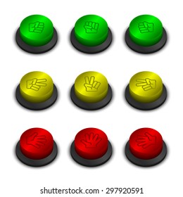 Rock  paper  scissors buttons green yellow   red color white background and shadow
