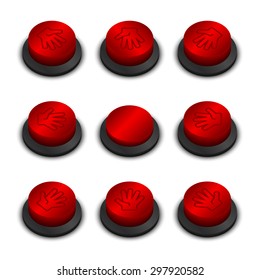 Rock-paper-scissors buttons red color on white background with shadow