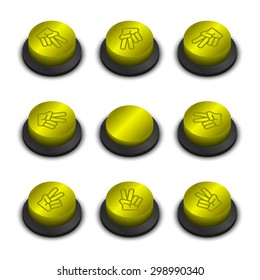 Rock-paper-scissors buttons yellow color on white background with shadow