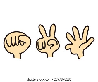 Tijeras de papel de roca. Señal de mano. Ilustración vectorial.