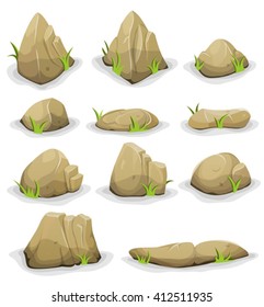 Rocks And Boulders With Grass Leaves
Illustration of a set of separated cartoon boulders, rocks and stones of various shapes, with blades of grass, for filling nature landscapes and game ui scenics