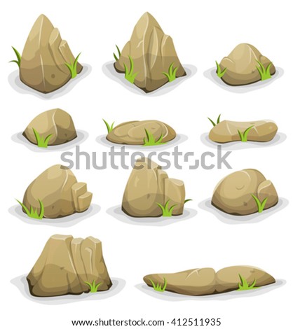 Rocks And Boulders With Grass Leaves
Illustration of a set of separated cartoon boulders, rocks and stones of various shapes, with blades of grass, for filling nature landscapes and game ui scenics