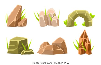 Rocks And Boulders With Grass Set, Summer Landscape Elements Vector Illustration