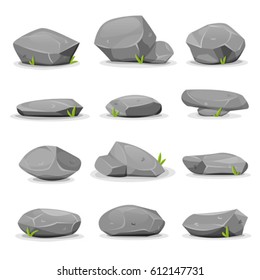 Rocks And Boulders Set/
Illustration of a set of separated cartoon boulders, rocks and stones of various shapes, with blades of grass, for filling nature landscapes and game ui scenics