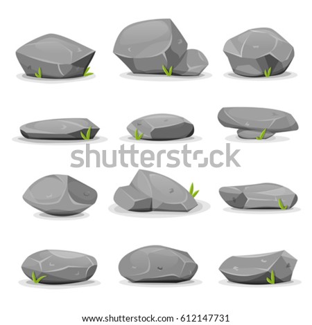 Rocks And Boulders Set/
Illustration of a set of separated cartoon boulders, rocks and stones of various shapes, with blades of grass, for filling nature landscapes and game ui scenics