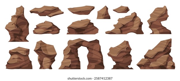 Rocks and boulders set. Vector isolated solid, naturally occurring substances made up of minerals or mineraloid matter. Cartoon game art stones of different shapes, texture and sizes