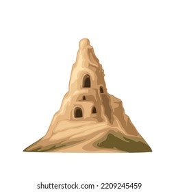 Rocas de Cappadocia, Turquía, ilustración vectorial de toba. Caricatura aislada montaña y colina con cuevas, famosa chimenea de cañón en el parque nacional turco, monumento turístico de Anatolia y visitas turísticas